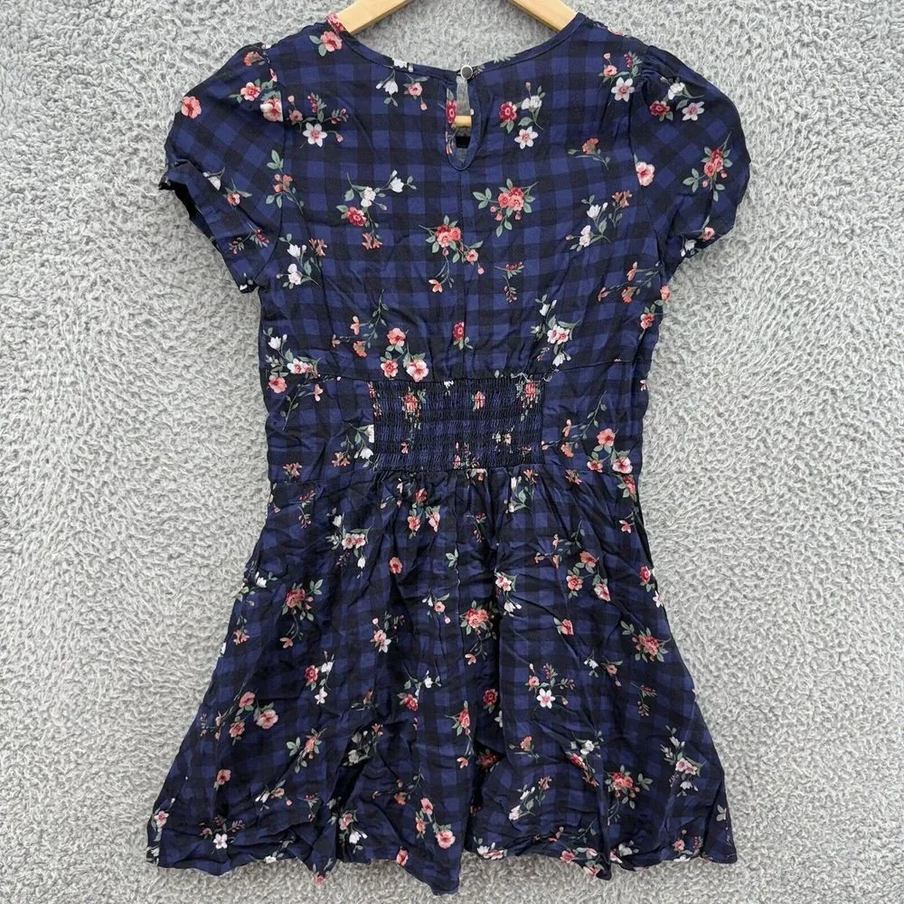Ten‎ Sixty Sherman Girls L Navy Plaid Floral Fit Flare Dress V-Neck Short Sleeve